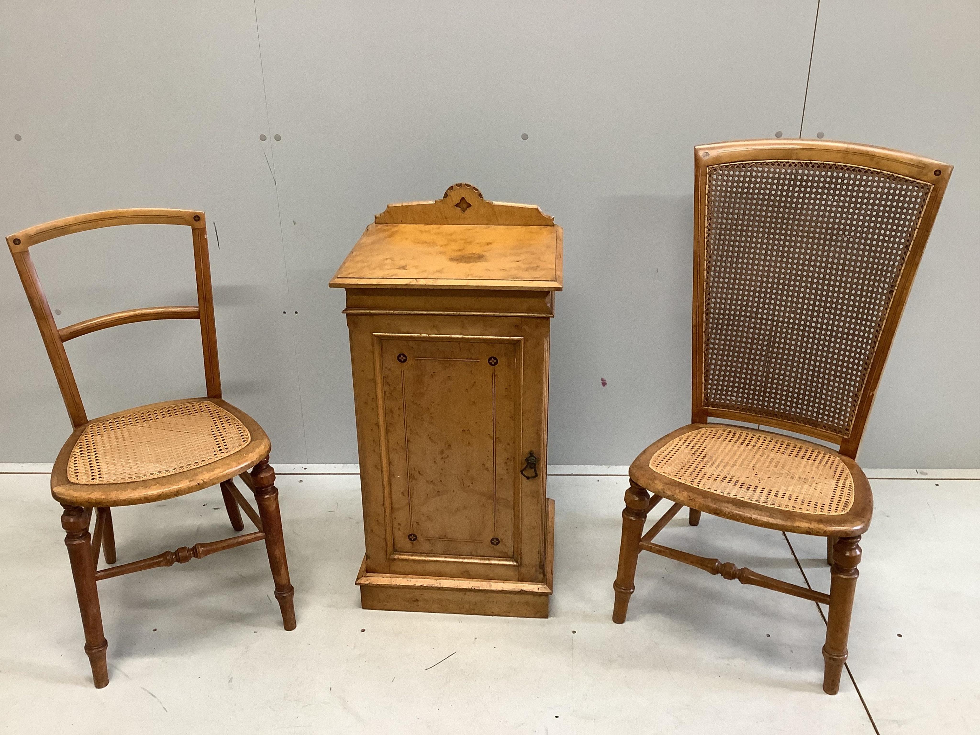 A late Victorian Gothic revival ebony inlaid, bird's eye maple bedroom suite, manner of Charles Bevan, comprising 5ft bed frame, kneehole dressing table, chest of drawers, marble top washstand, bedside cabinet, commode a